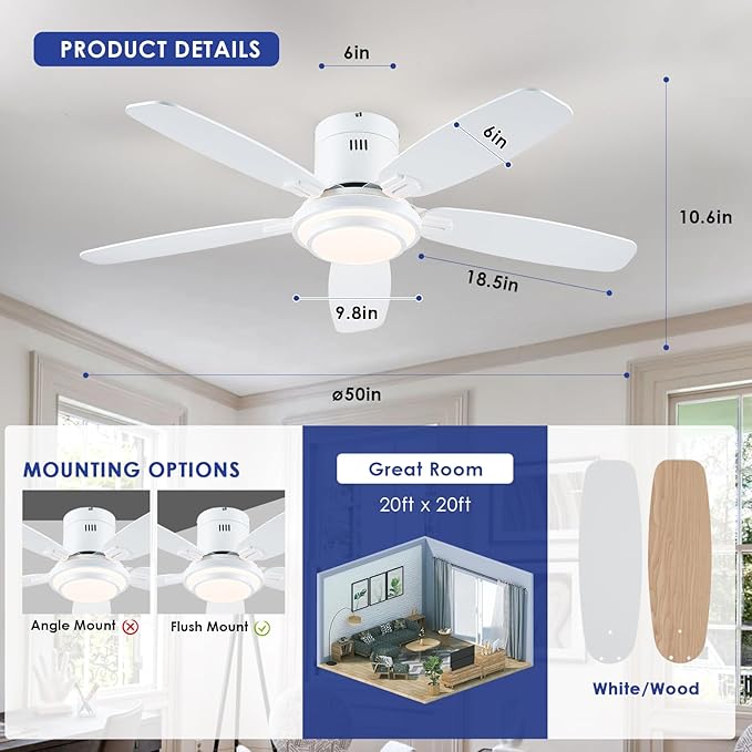 Low Profile Ceiling Fan with Lights and Remote/APP, 50 Inch Modern Flush Mount Ceiling Fan with 3CCT 6-Speeds Quiet DC Motor,Dimmable 3-Color Temperatures for Living Room Bedroom(White)