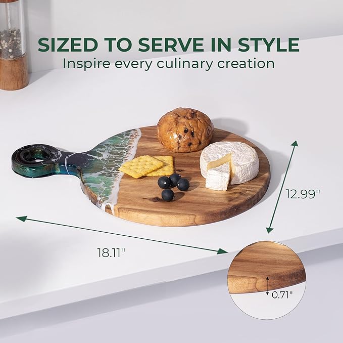 Acacia Wood Cutting Board with Ocean Resin Art, 18.1”x12.9”, Includes Stand & Loofah, Handcrafted Charcuterie Cheese Board & Serving Platter, Great for Décor, Housewarming, Weddings (Round)