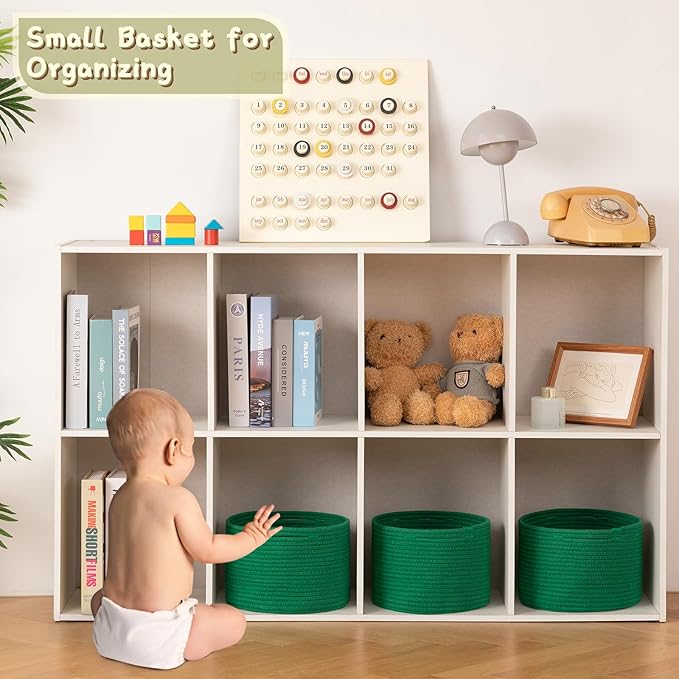 OIAHOMY Small Storage Baskets for Organizing,Closet Cube Shelf Storage, 9.8”×9.8”×7.1”, Woven Cotton Rope Gift Baskets for Nursery,Cute Dog Toy bins, Round 3 Packs, Green