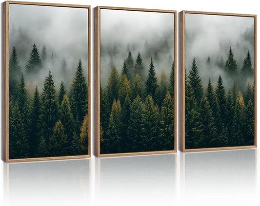 KUVIOKE Green Fog Pine Tree Landscape Framed Wall Art Nature Nordic Misty Forests Prints Morden Farmhouse Bedroom Living Room Ready to Hang 11x14in (Natural Framed)