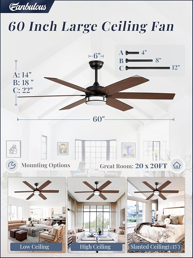 60 Inch Ceiling Fans with Lights, Farmhouse Large Ceiling Fans with Remote, Black&Brown Modern Ceiling Fan with LED Light, Quiet DC Motor for Living Room, Bedroom, Kitchen, Indoor