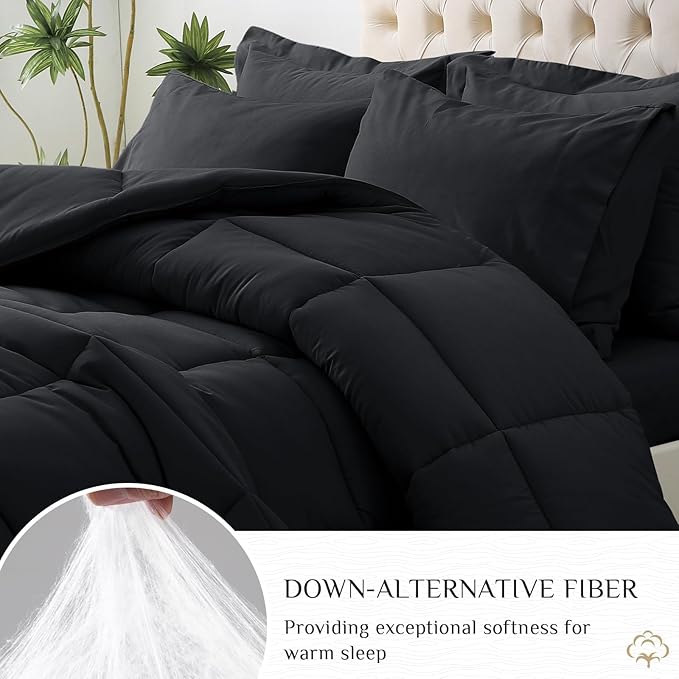 JOLLYVOGUE Full Comforter Set, Ultra-Soft Bed in a Bag Full Size 7 Pieces, Oeko-TEX Certified Bedding Set with Down Alternative Comforter, Sheets, Pillowcases & Shams, Black