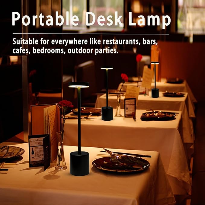 Cordless Table Lamp, 2 Pack Rechargeable Table Lamp, 3 Color Stepless Dimming Up, Battery Operated Portable LED Desk Lamp, Outdoor Table Light for Restaurant/Dinner/Patio/Bars/Bedroom (White)