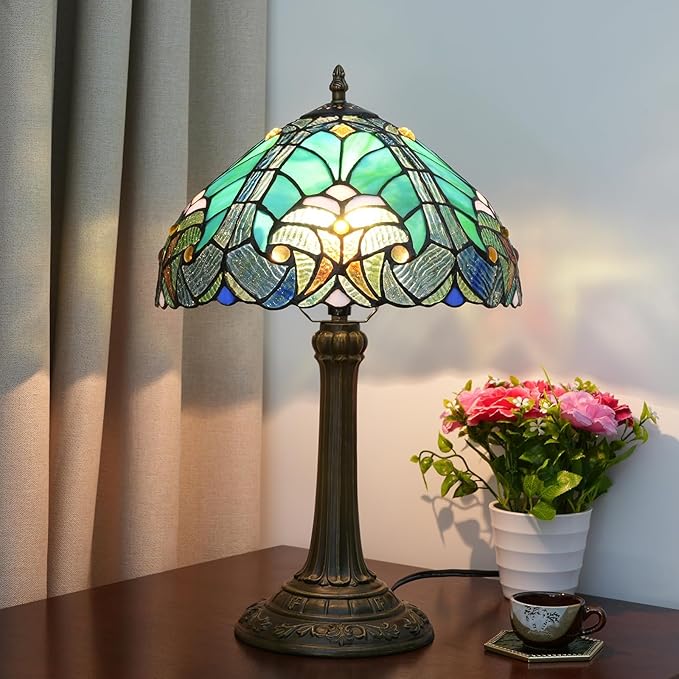 Tiffany Stained Glass Table Lamp, Retro-Style Blue Spot Bedside Lamp, Suitable for Home Decoration Art in Bedrooms, Dormitories, Living Rooms, Etc. (12 Inches)
