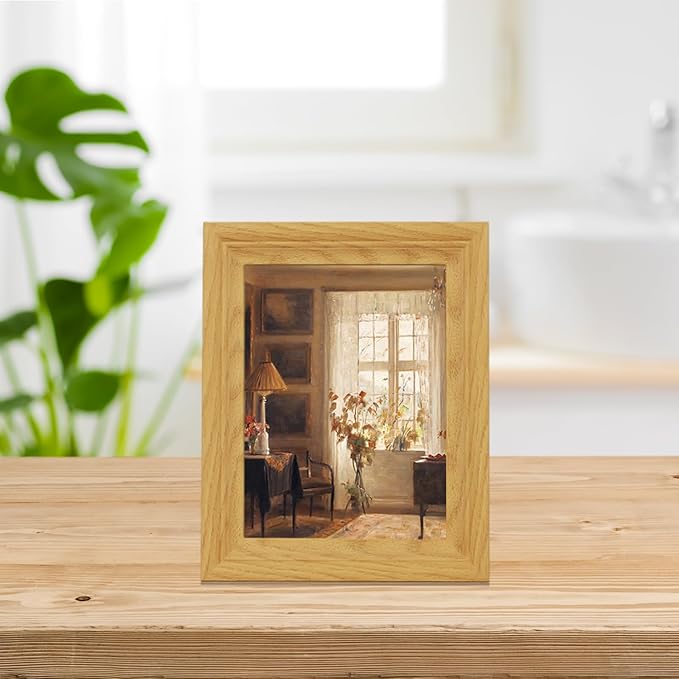 Brivoria Framed Canvas Wall Art Vintage Decor, Scandinavian Home Interior with Sunlit Window, Indoor Plants and Warm Autumn Light for Bedroom Kitchen Bookshelf Office or Tabletop Fall Display, 8"x10"