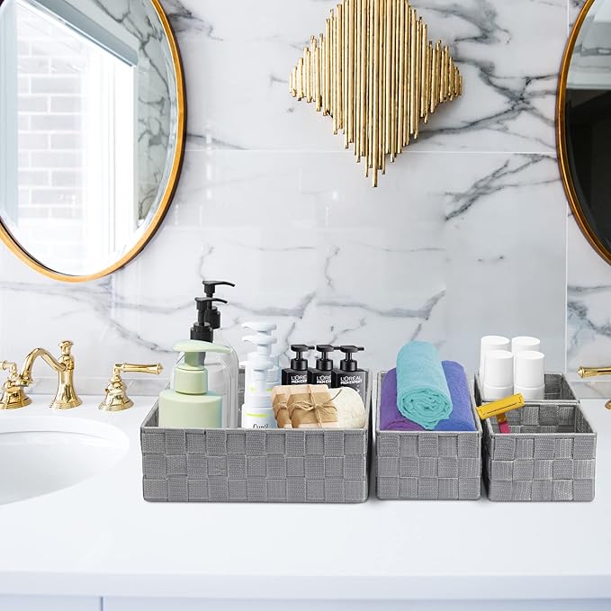 Posprica Drawer Organizer Bins,Woven Strap Storage Box Cube Basket Containers Divider for Organizing drawers, Shelves, Closets, Cabinets, Dressers and Countertops,set of 4, Light Grey