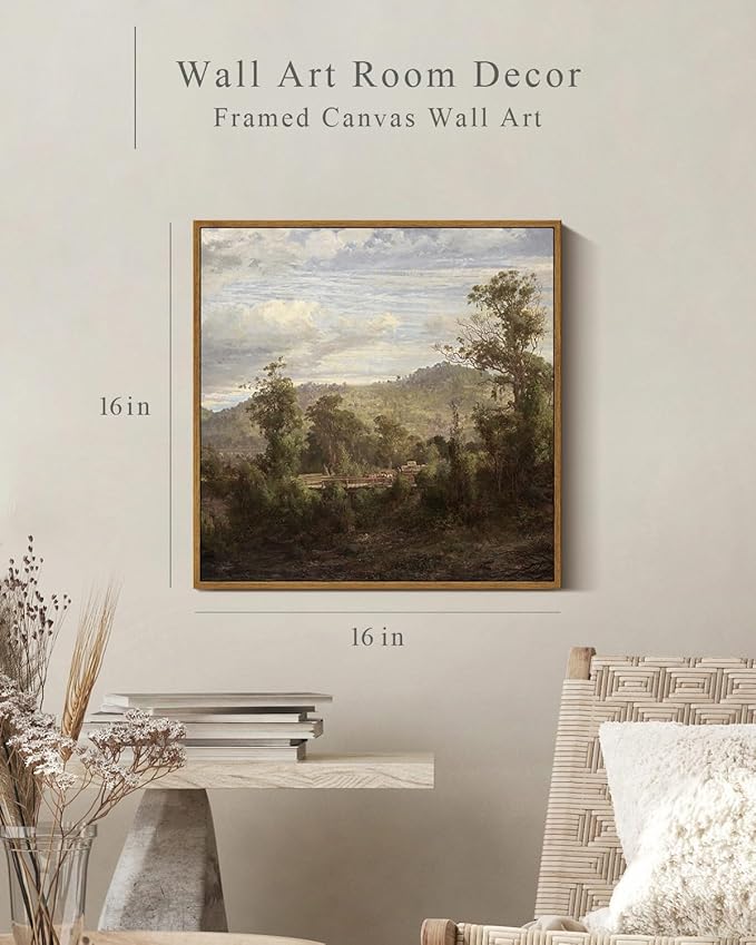 InSimSea Square Framed Canvas Wall Art, Vintage Nature Landscape Paintings, Retro Scenery Wall Pictures for Bedroom Bathroom Living Room, Canvas Prints Artwork, Home Decor 16"x16"