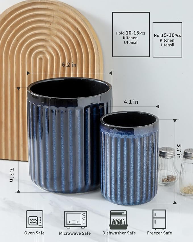 Hasense Cooking Utensil Holder, 7.3" + 5.7" - Large Utensil Crock for Farmhouse Kitchen Decor, Spatula Storage Organizer, Set of 2, Navy Blue