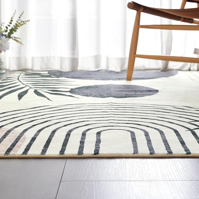 RoomTalks Mid Century Boho Washable 4x6 Rug, Black Vintage Cute Aesthetic Area Rugs Carpet for Kitchen Entryway Bedroom Living Room Office, Abstract Contemporary Botanical Leaves Thin Indoor Rug