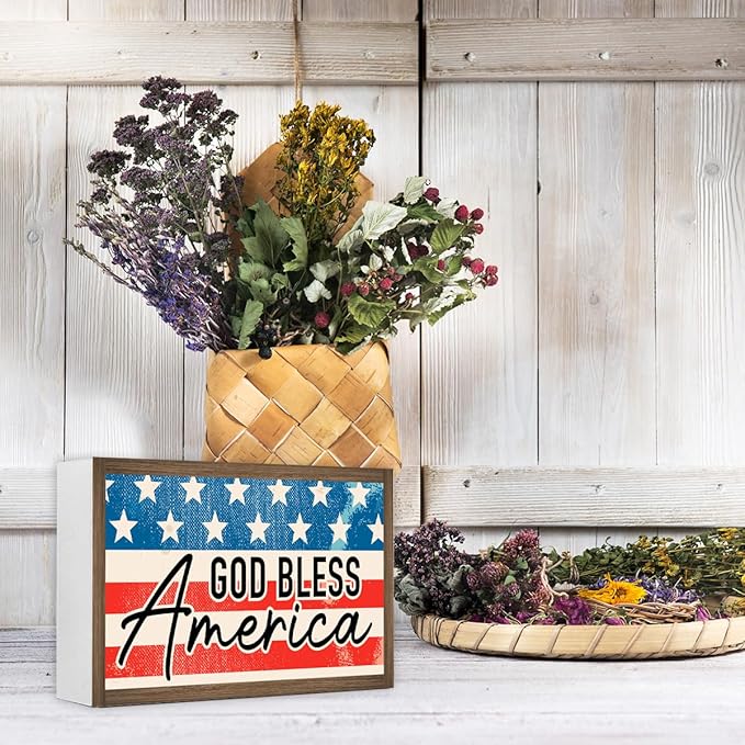 God Bless America Independence Day Wooden Box Sign Desk Decor,Patriotic Labor Day American Flag Wood Block Sign for Farmhouse Home Shelf Tabletop Wall Decor