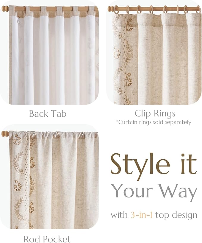 jinchan Belrose Lined Linen Blend Curtains Boho Floral Curtains for Bedroom 96 Inch Length Beige Embroidered Drapes Rod Pocket Farmhouse Flower Drapes for Living Room Window Treatments Set 2 Panels