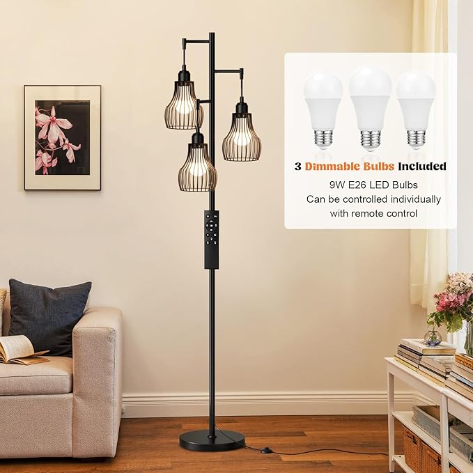 Dimmable Floor Lamps for Living Room, Farmhouse Tree Standing Tall Lamp with Remote Control 3 Elegant Cage Shade LED Bulbs for Bedroom Office - Black