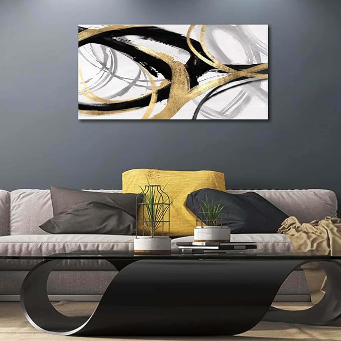 Abstract Canvas Prints Black And White Wall Art Pictures for Wall Decoration Gold Posters Graffiti Artwork Decor for Bedroom Dinning Room Home Office Kitchen 24x48 In