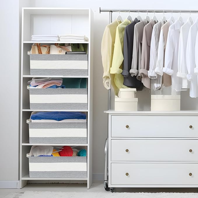 Linen Closet Organizers and Storage, Trapezoid Fabric Bins, Home Office Organization Baskets Striped Collapsible Box with Handles for Clothes, Blanket, Books, DVD, 4 Pack, Gray/White