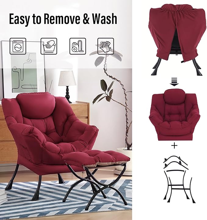 Lazy Chair with Ottoman, Modern Chair with Folding Footrest, Lounge Accent Chair, Comfortable Reading Chair (Burgundy)