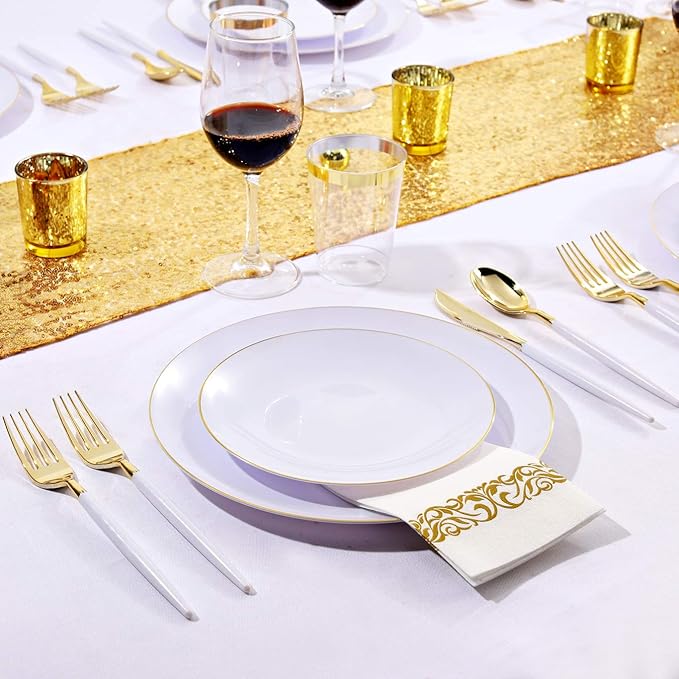 Nervure 100Pieces White with Gold Rim Plastic Plates - 7.5inch Disposable Gold Salad/Dessert Plate - White and Gold Plastic Plates Ideal for Wedding & Party & Thanksgiving