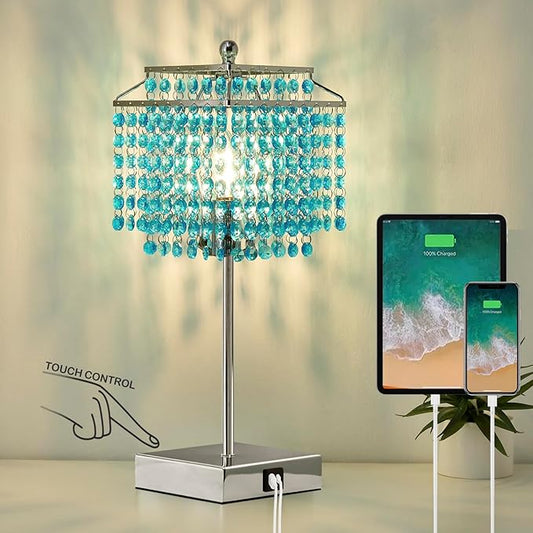 Luvkczc Crystal Table Lamp with Touch Control, Bedside Crystal Table Lamp with USB C+A Ports, 3-Way Dimmable Lamp with Crystal Shade for Girls Bedroom, Living Room, Light Blue & B11 LED Bulb Included
