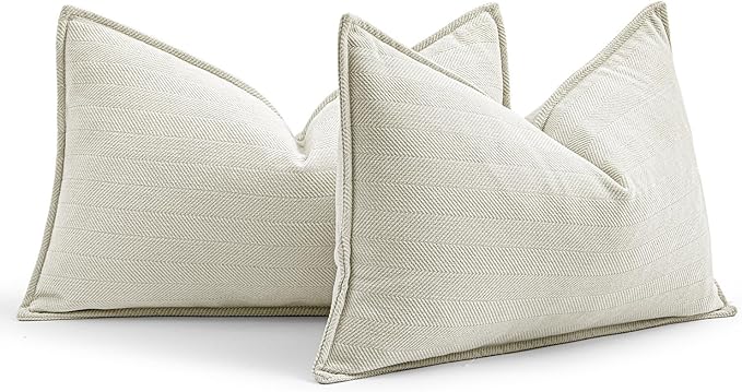 MIULEE Pack of 2 Cream White Decorative Lumbar Pillow Covers 12x20 Inch Soft Chenille Luxurious Couch Throw Pillows Farmhouse Cushion Covers with Elegant Design for Sofa Bed Living Room Home Decor