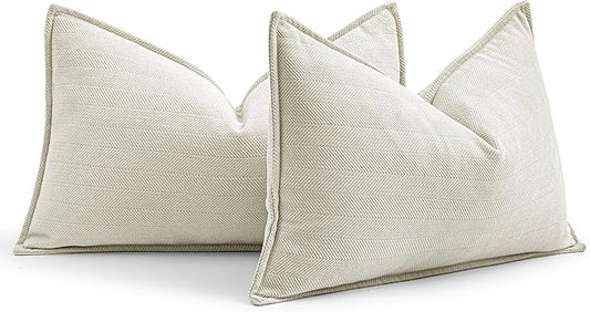 MIULEE Pack of 2 Cream White Decorative Lumbar Pillow Covers 12x20 Inch Soft Chenille Luxurious Couch Throw Pillows Farmhouse Cushion Covers with Elegant Design for Sofa Bed Living Room Home Decor