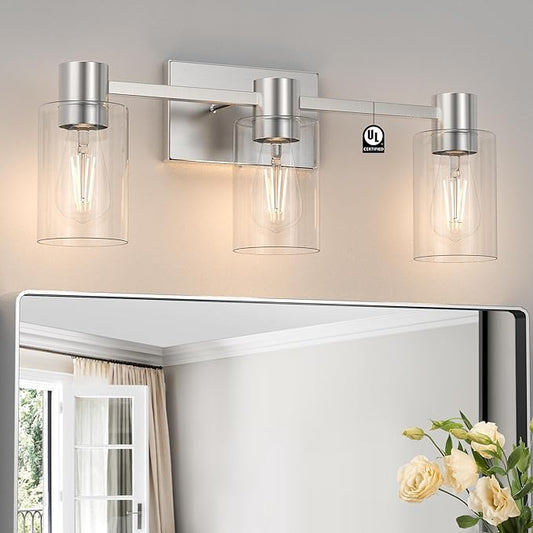 3-Light Brushed Nickel Wall Sconces for Bathroom, Modern Vanity Light Fixtures Over Mirror, Wall Lamp with Clear Glass Shade, E26 Wall Sconces Over Mirror for Bathroom, Living Room, Hallway