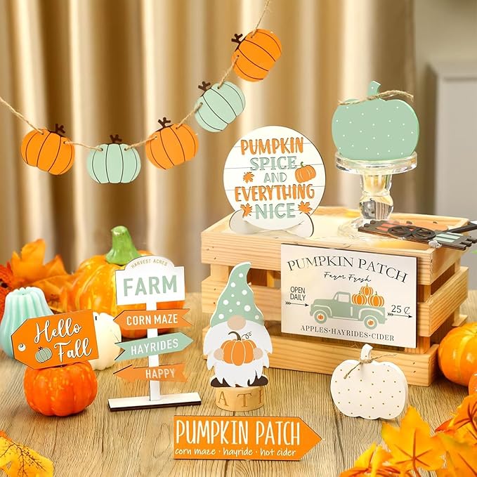Sumind 15 Pcs Fall Tiered Tray Decor Set Fall Decorations for Home Autumn Wood Signs Thanksgiving Orange Brown Table Signs Farmhouse Wooden Maple Pumpkin Gnomes Tabletop for Festival(Gnomes)