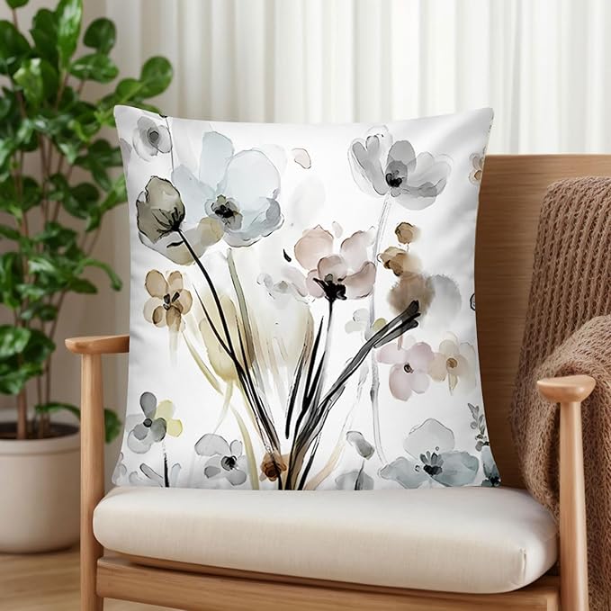 Brown Grey Floral Pillow Cover 16x16 Set of 6 Watercolor Throw Pillow Covers Square Cushion Covers for Couch Sofa Living Room Home Decor