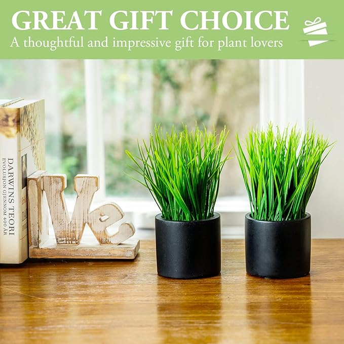 MyGift Tabletop Artificial Grass Plants Decorative Faux Greenery Plant Potted in Modern Cylindrical Black Cement Pots, Set of 2