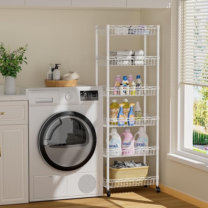 6 Tier Basket Shelf Wire Shelving Unit Adjustable Storage Shelves Big Basket Rack for Garage Kitchen Office Pantry Corner 17.2" Dx12.2 Wx63 H White