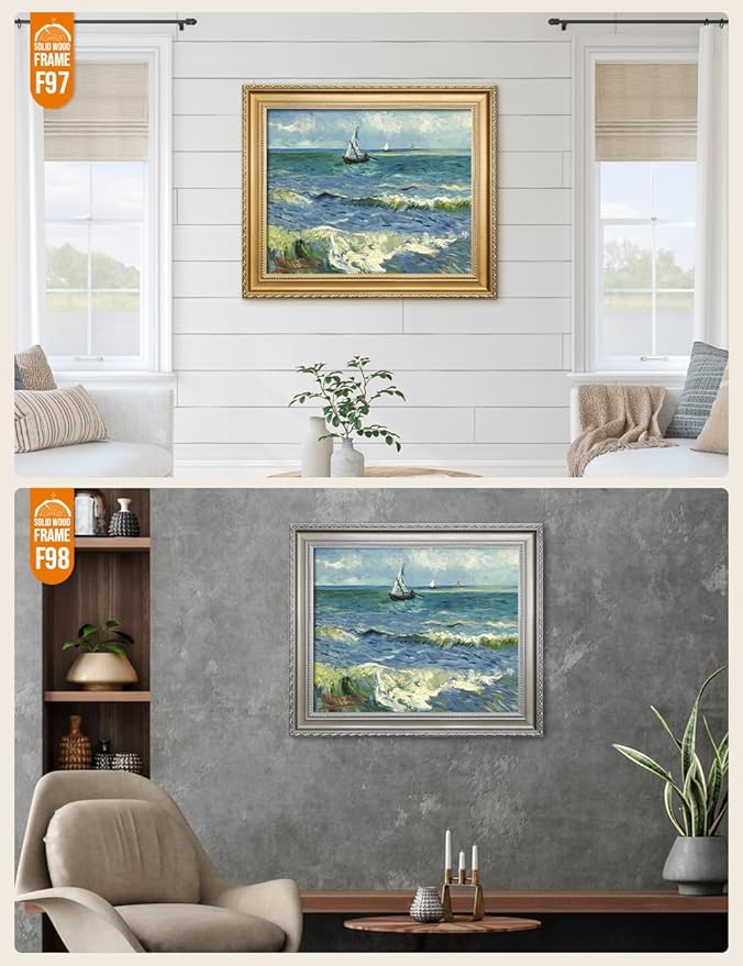 DECORARTS - The Sea at Les Saintes-Maries-de-la-Mer - Vincent Van Gogh Giclee Prints w/Antique Brown Frame for Wall Decor. Picture Size: 20x16, Total Size w/Frame: 23x19