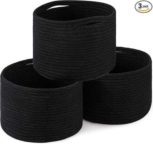OIAHOMY Small Storage Baskets for Organizing,Closet Cube Shelf Storage, 9.8”×9.8”×7.1”, Woven Cotton Rope Gift Baskets for Nursery,Cute Dog Toy bins, Round 3 Packs, Black