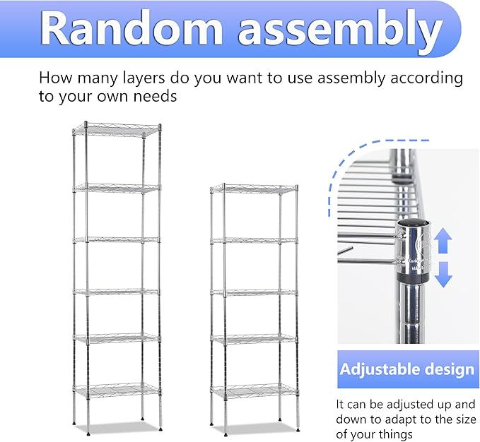 BestOffice | 6-Tier Wire Storage Shelves | 17x12x64 | Chrome | with Adjustable Racks | Heavy-Duty Metal Shelf, Holds Upto 600 lbs | No-Tool Assembly | Ideal for Home & Garage Shelving
