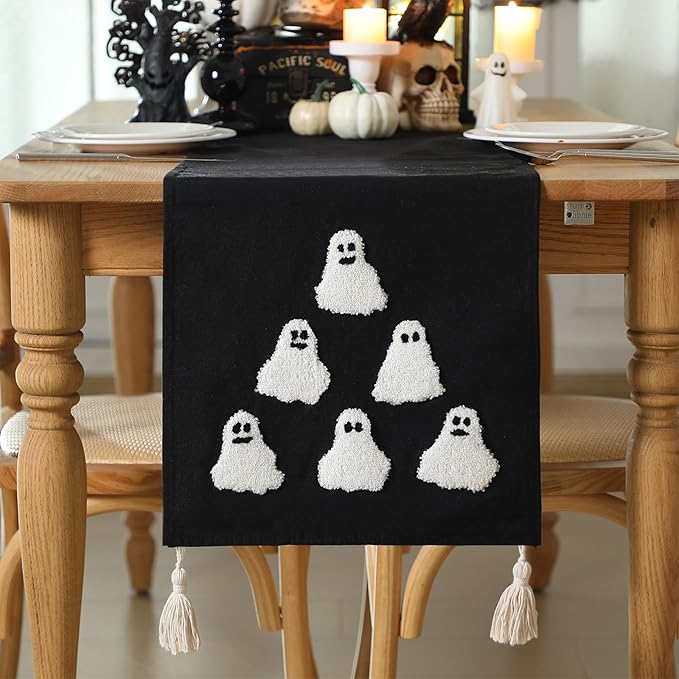 Breling Halloween Ghost Table Runner Jacquard Cute Ghost Halloween Dinner Table Runner Fall Autumn Kitchen Dining Decoration for Kitchen Farmhouse Party Holiday Home Decor 13x72 Inch(Black)