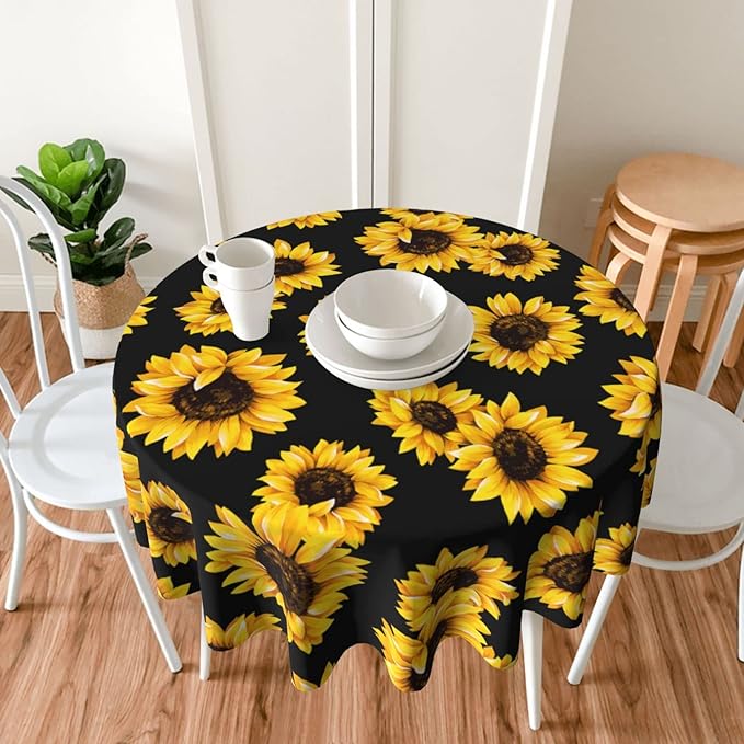Kawani Sunflower Tablecloth Round 60 Inch Ruitic Yellow Floral Vinyl Table Cloth Waterproof Fabric Farmhouse Sun Flower Tablecloths Decorative for Holiday Home Party Wedding Picnic