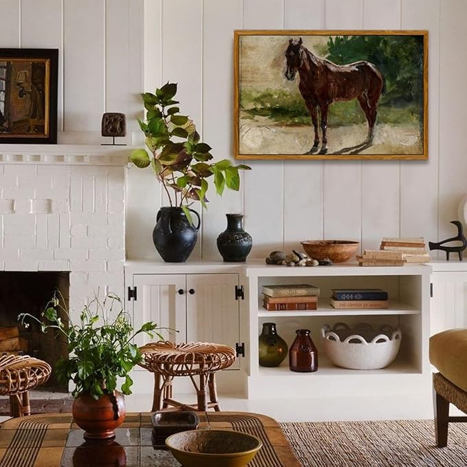 crmotu Framed Canvas Wall Art, Brown Horse Vintage Decor Painting, Classical Animal Art Prints Office Decorations, Still Life Aesthetic Wall Pictures for Living Room Bedroom Kitchen Gallery 16x24in