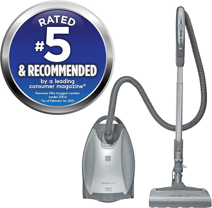 Kenmore Elite 21814 Pet Friendly CrossOver Lightweight Bagged HEPA Canister Vacuum with Pet PowerMate, Extended Telescoping Wand, Retractable Cord, 2 Floor Nozzles, and 4 Cleaning Tools-Silver/Gray