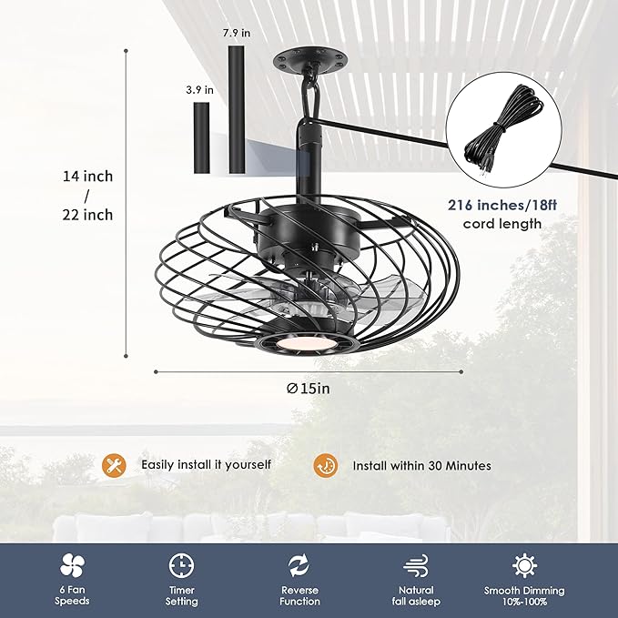 15" Outdoor Ceiling Fan with Light, Waterproof Gazebo Fan Remote Control, Dimmable LED Light, Hanging Black Caged Ceiling Fixtures with Plug in Cord for Patios Pergola