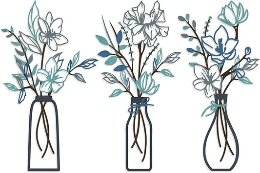 ARTINME 3 Pieces Metal Flowers Wall Arts - Rustic Farmhouse Decor Minimalist Flower Wall Decors for Living room Bathroom Kitchen Bedroom Dining Room - Housewarming Gifts (Blue)