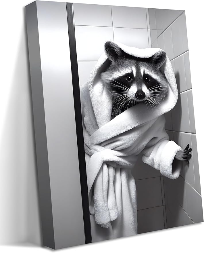 Funny Bathroom Wall Decor, Black and White Raccoon Canvas Wall Art, Humor Animal Decor Raccoon in a bathrobe Picture Prints for Restroom Bathroom 12x16 inch Framed