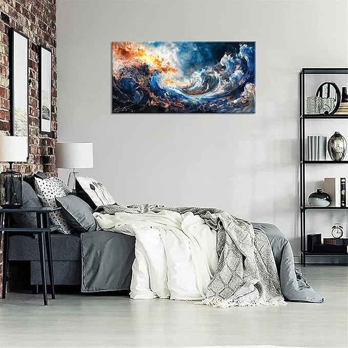 ZESTFLICKR Wall Art of Ocean Wave Abstract Canvas Blue Print Modern Artwork Pictures Magnificent for Living Room Bedroom Home Office Kitchen Decor (20x40 inches)