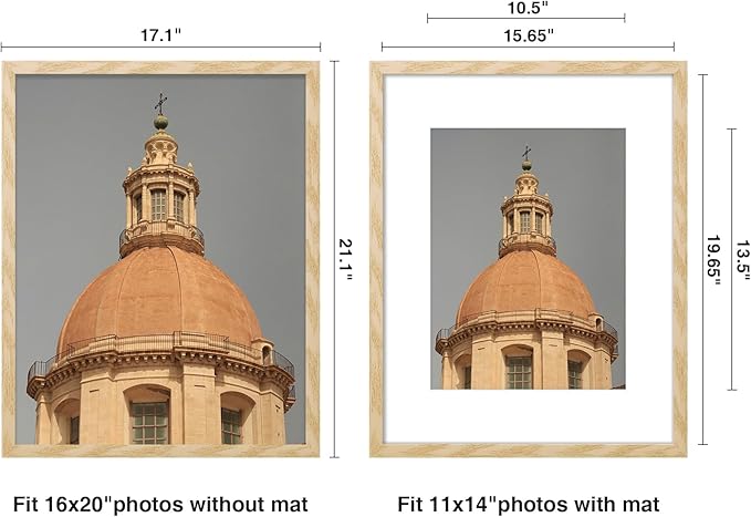 Vittanly 16x20 Picture Frame for Wall, Plexiglass, Displays Poster 11x14 with Mat or 16x20 without Mat, PVC Frame Material, Horizontal or Vertical Hanging, 1 Pack, Natural