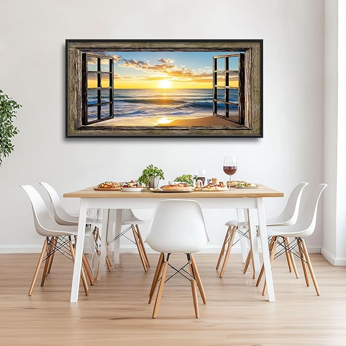 Beach Large Wall Art Sea Coastal Pictures Rustic Window Sunrise Wall Decor Canvas Print Painting Artwork for Bathroom Living Room Bedroom 60L" x 30W"