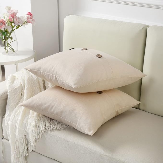 HAUSSY Beige Linen Decorative Throw Pillow Covers 20x20 Inch Set of 2,Square Cushion Case with 3 Vintage Buttons,Modern Farmhouse Home Decor for Couch,Bed