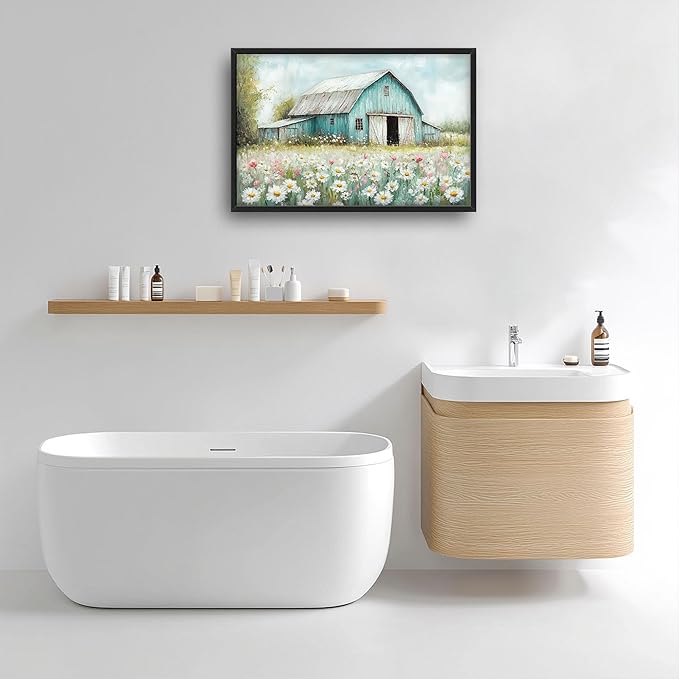 Farm Barn Large Wall Art for Living Room Framed, Farmhouse Wall Decor Pictures, Teal Barn Canvas Print Painting, Aesthetic Artwork Bedroom Office Home Decor 36"x24"