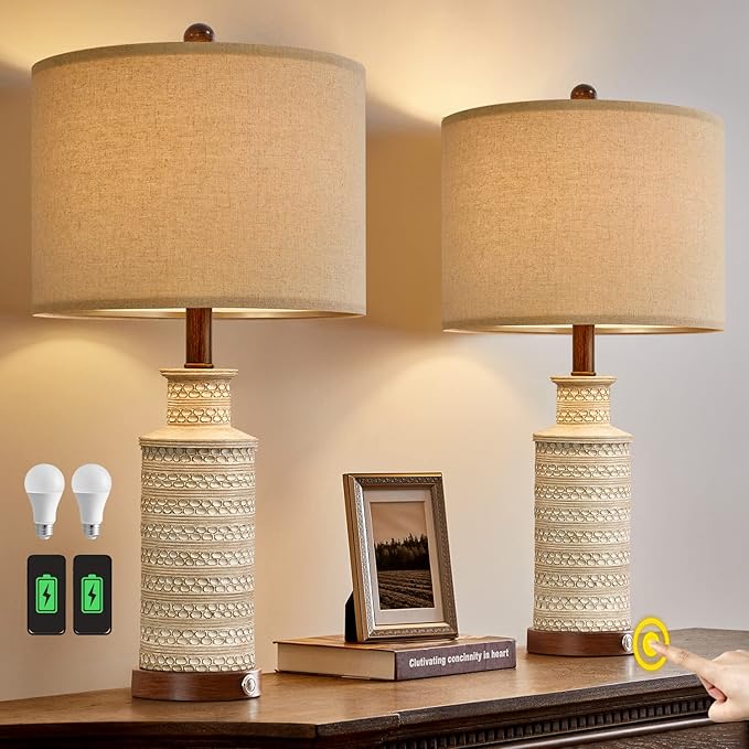 BOBOMOMO 24.5'' 3-Way Dimmable Touch Control Table Lamp Set of 2 with Dual USB Charging Ports for Bedroom Living Room Vintage Rustic Farmhouse Traditional Nightstand Bedside Lamps(Bulbs Included)