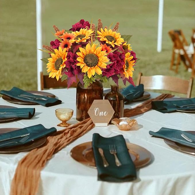 HUAESIN 2PCS Artificial Flowers Fall Decor Silk Flowers Bouquet Fake Sunflowers Daisy with Hydrangea Berries Silk Autumn Floral Arrangements Indoor for Home Wedding Thanksgiving Decoration Outdoor