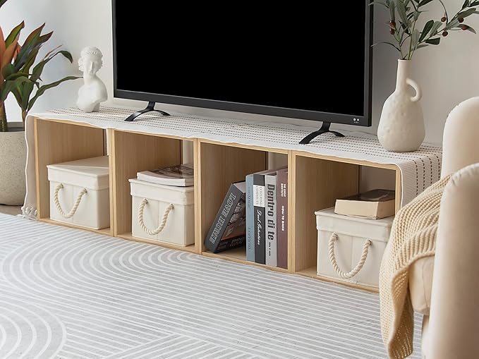 StorageWorks Storage Bins with Lids, Decorative Storage Boxes with Lid and Soft Rope Handles, Foldable Storage Baskets for Closet, Shelves, Stackable, 3-Pack, Ivory and White, Medium