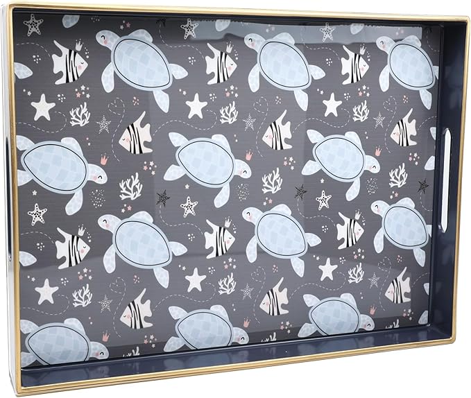 Spsyrine Decorative Serving Tray with Handles, Blue Lacquered Coffee Table Tray for Ottoman, Rectangle Waterproof Platters for Centerpieces, Parties, Living Room, Kitchen Counter Organization Turtle