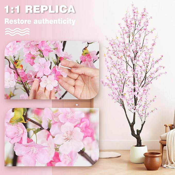 Faux Pink Cherry Blossom Tree 8ft(96in) Tall Artificial Plant Indoor Decor Handmade Natural Sakura Tree for Wedding Realistic Cherry Plant in Pot for Home Living Room,Office,Outdoor Decor.