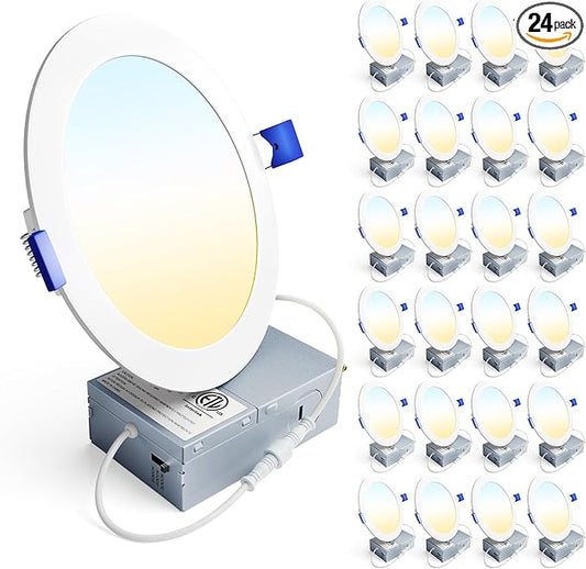 Ensenior 24 Pack 6 Inch LED Recessed Ceiling Light, Dimmable, 3000K-5000K 3CCT, 1050LM 12W 120V, High Brightness Canless Wafer Downlight - ETL&FCC&IC