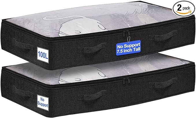 punemi 100L Jumbo Under Bed Storage Containers (No Support) - 2-Pack Collapsible Storage Bins with Clear Lids & Sturdy Handles, 7.5in Tall, for Off-Season Winter Clothes, Black